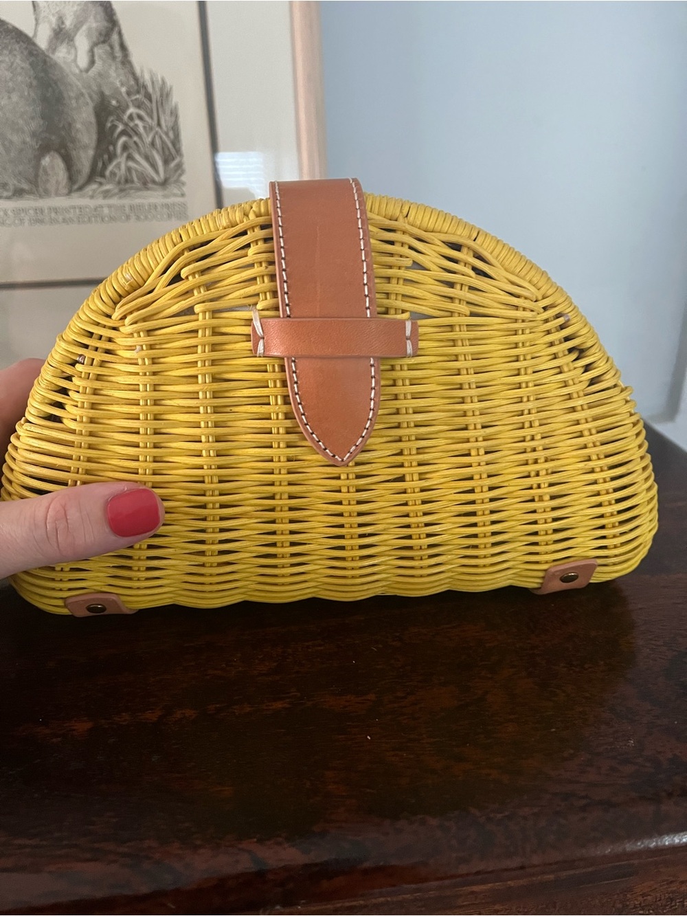 J Crew Wicker Half-Moon Clutch Bag with Tan Leather Trim